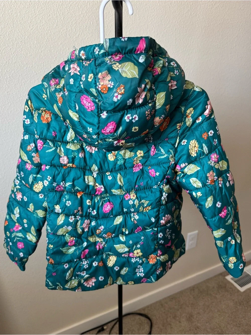 Zara Girls’ Teal Floral Hooded Puffer Coat